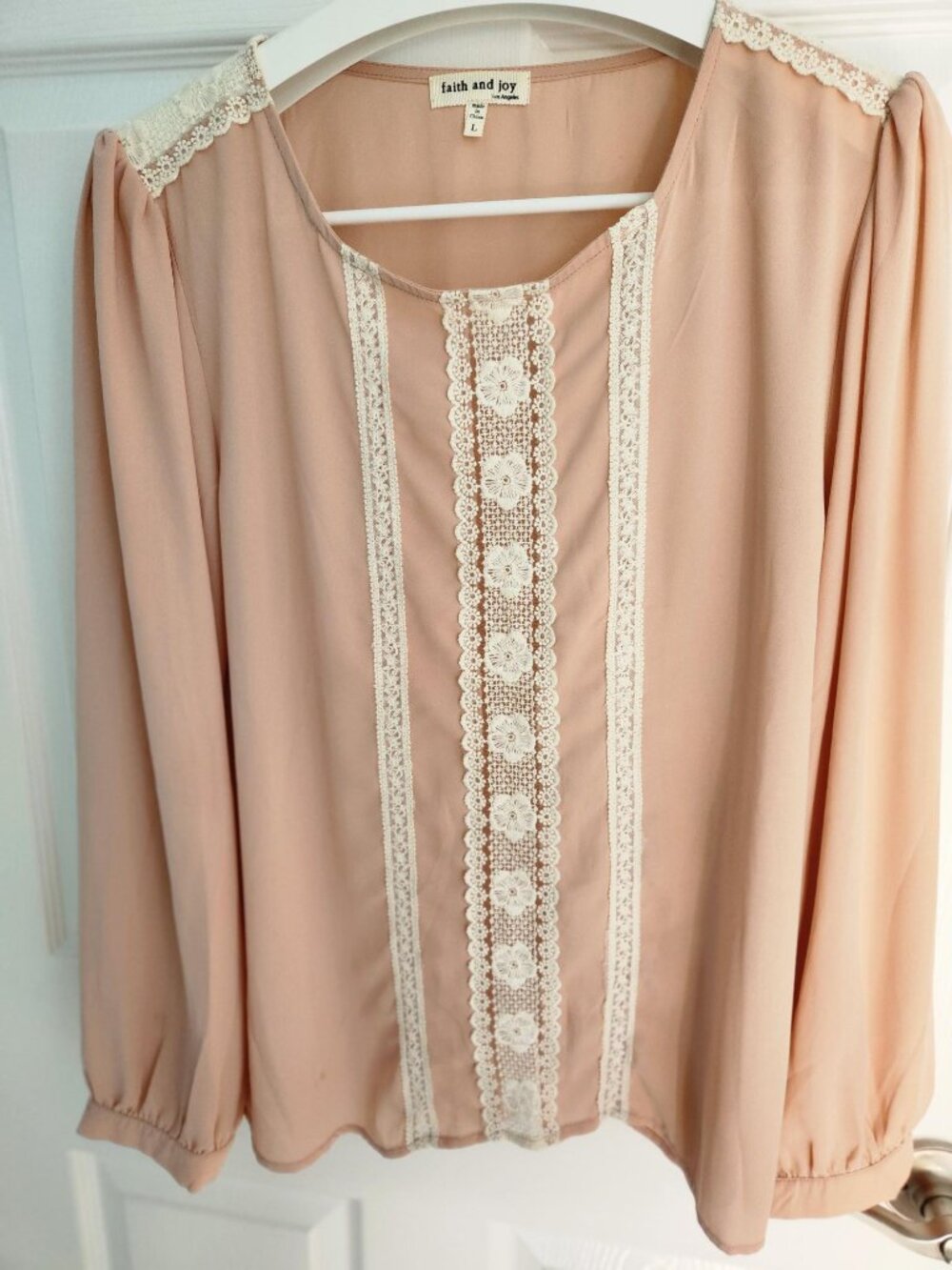Faith and Joy Blush color long sleeve blouse lace trim